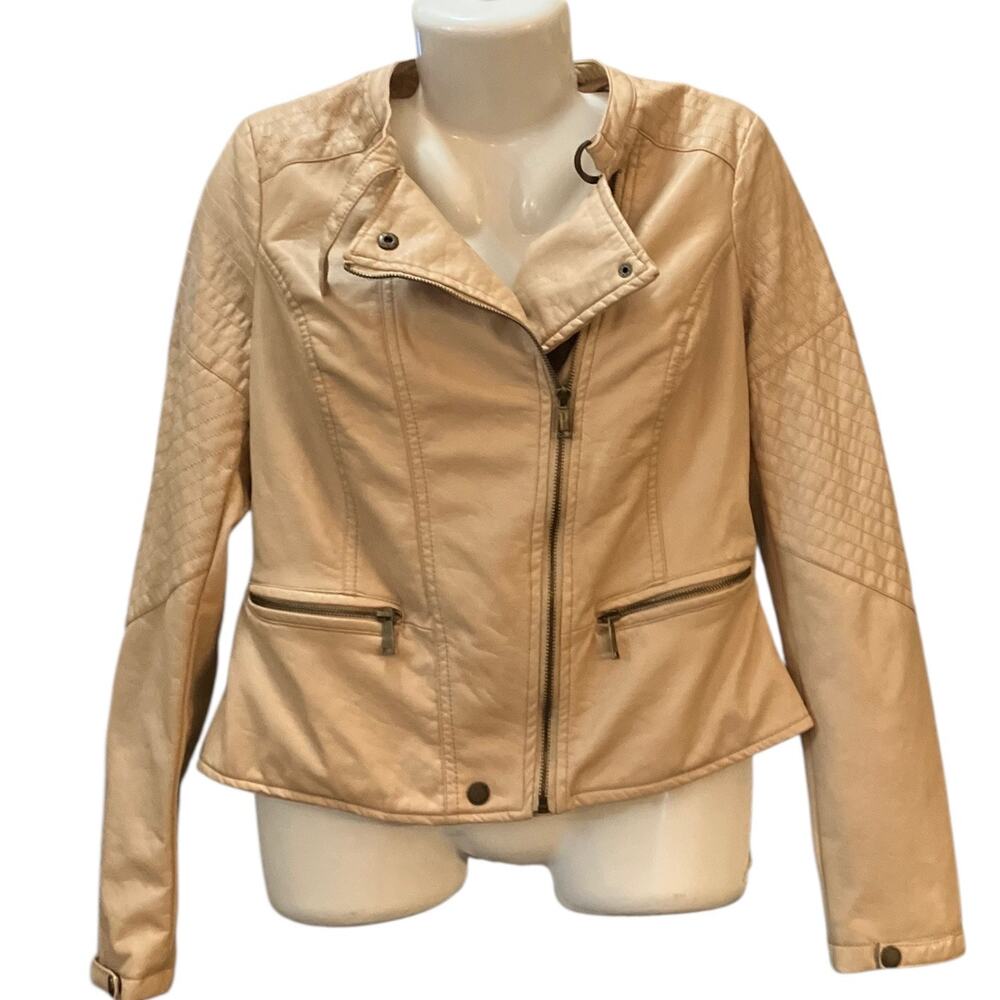 JouJou Women's Beige Faux Leather Full Zip Moto Jacket Zipper Pockets Snaps SZ L - Picture 4 of 11
